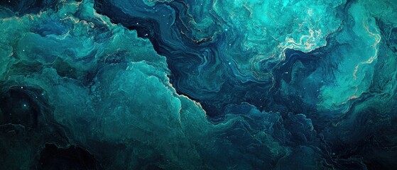 Poster - Vibrant abstract blue and green background featuring marble and water textures complemented by dark green blurs and transitions for decorative banners or website enhancements