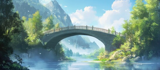 Wall Mural - Painting of a bridge surrounded by natural scenery showcasing an artistic interpretation of architectural beauty and landscape harmony