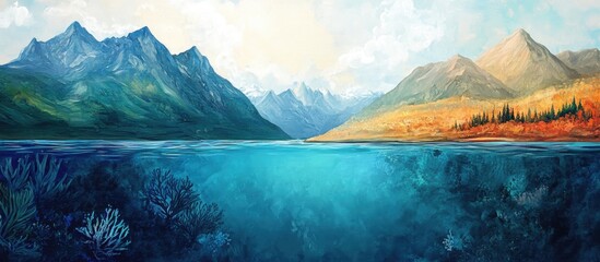 Poster - Seascape painting design featuring an underwater section and coastal mountains divided by a waterline