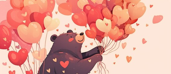 Wall Mural - Vector illustration of an adorable bear holding romantic heart balloons suitable for wallpaper design