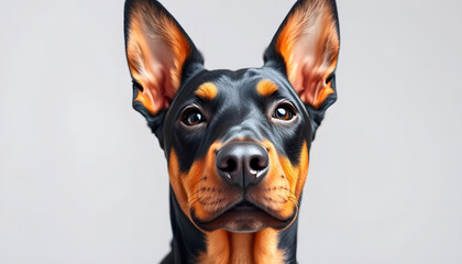 Cute Dobermann dog on light background, closeup isolated with white highlights, png