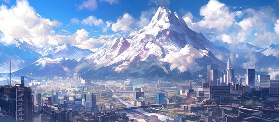 Wall Mural - Painting of a mountainous landscape with a cityscape in the foreground featuring high rise buildings and bustling business traffic