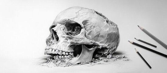 Wall Mural - Surreal pencil drawing of a skull on paper