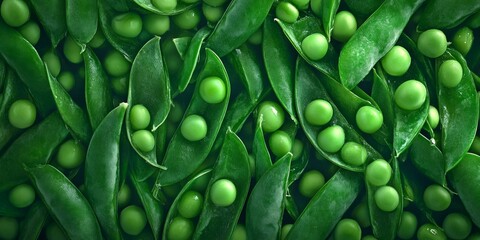 Wall Mural - Fresh green peas in pods create a vibrant and healthy scene. The lush leaves highlight the natural beauty of this vegetable. Perfect for food photography or healthy recipes. AI