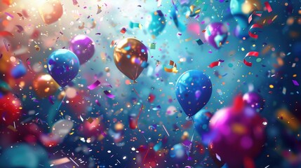 Wall Mural - The background for a celebration features a burst of bright colors with balloons, confetti, and streamers.