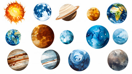 Planets of the Solar System watercolour poster set Watercolor planet Sun Moon and Mercury Venus and Earth Mars and Jupiter Saturn Uranus and Neptune universe space Galaxy art 