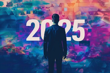 Poster - In a futuristic portrayal from the year 2025, a businessman is depicted against a dynamic and colorful abstract backdrop, symbolizing key themes like ambition, innovation, and progress