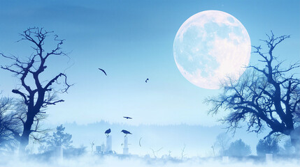 Poster - Moon shining bright over misty landscape with night sky and bare trees