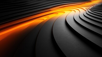 Wall Mural - Abstract wavy patterns with glowing orange highlights on black surface.