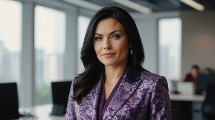 adult black hair white woman in purple formal attire model portrait looking confident on an office background for ad concept space for text