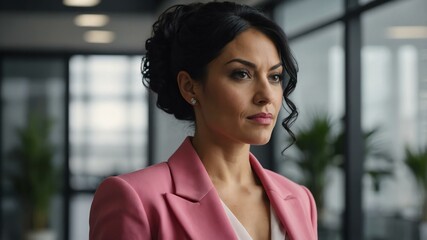 adult black hair white woman in pink formal attire model portrait looking confident on an office background for ad concept space for text