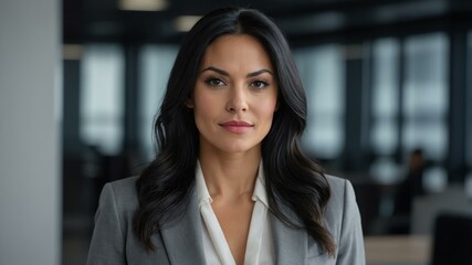 adult black hair white woman in gray formal attire model portrait looking confident on an office background for ad concept space for text