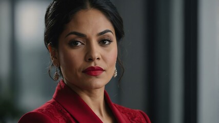 adult black hair hispanic woman in red formal attire model portrait looking confident on an office background for ad concept space for text