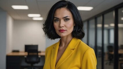 adult black hair finnougric woman in yellow formal attire model portrait looking confident on an office background for ad concept space for text