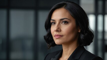 adult black hair european woman in black formal attire model portrait looking confident on an office background for ad concept space for text