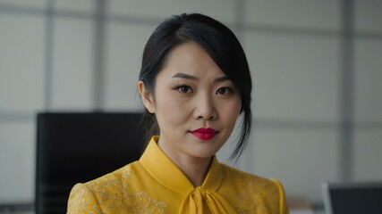 adult black hair east asian woman in yellow formal attire model portrait looking confident on an office background for ad concept space for text