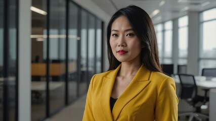 Wall Mural - adult black hair asian woman in yellow formal attire model portrait looking confident on an office background for ad concept space for text