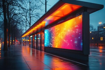 Wall Mural - modern bus stop with sleek digital advertising display at twilight minimalist design contrasts with the colorful dynamic content on the screen set against a blurred urban backdrop