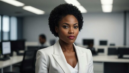 Wall Mural - adult black hair african woman in white formal attire model portrait looking confident on an office background for ad concept space for text