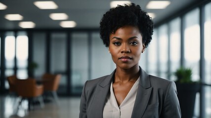 Wall Mural - adult black hair african woman in gray formal attire model portrait looking confident on an office background for ad concept space for text