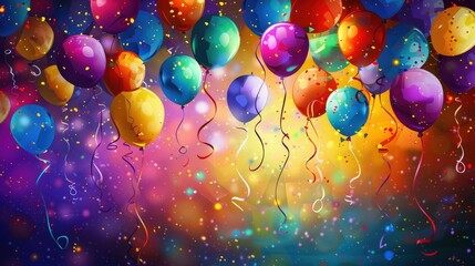 Wall Mural - The celebration background features a burst of bright colors with cheerful balloons, twinkling lights, and colorful streamers.