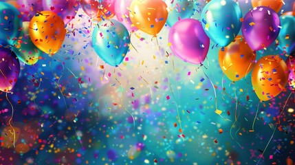 Wall Mural - The celebration background features a vibrant mix of bright balloons, cheerful confetti, and shimmering lights.