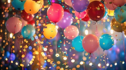 Wall Mural - The celebration background is adorned with colorful balloons, twinkling fairy lights, and an array of confetti.