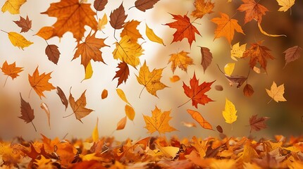 Dynamic scene of vibrant autumn leaves in mid-air with a soft blurred background, ideal for fall-themed posters, backgrounds, or seasonal designs.