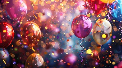 Wall Mural - The celebration background is filled with an array of vibrant balloons, cheerful streamers, and dazzling confetti.