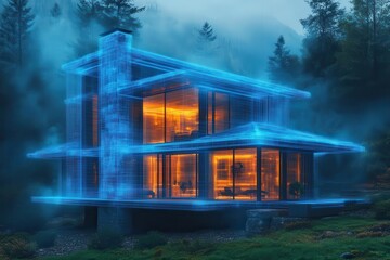 modern house blueprint hologram floating in misty forest clearing ethereal blue glow architectural innovation meets nature