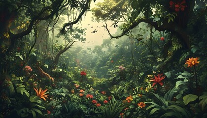 Canvas Print - Vibrant jungle paradise alive with dense foliage, exotic plants, and the symphony of wildlife amidst the fragrant blooms