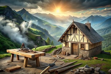 Medieval fantasy cottage under construction, hammer and nails on wooden workbench, stone walls and wooden beams amidst