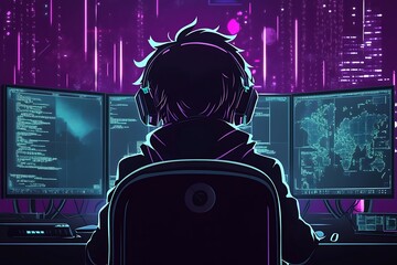 Wall Mural - Hacker in a Neon-Lit Room Working on Multiple Monitors.