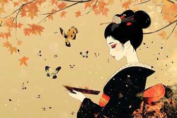 Wall Mural - Geisha in Autumn with Butterflies.