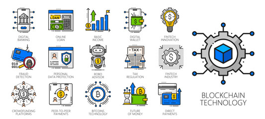 Aufkleber - Color fintech, blockchain and cryptocurrency technology icons, business and finance vector symbols. Fintech financial icons of bitcoin money, digital wallet, banking payment and currency exchange