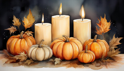 Wall Mural - Watercolor painting of burning candles and orange pumpkins on dark backdrop. Autumn season.