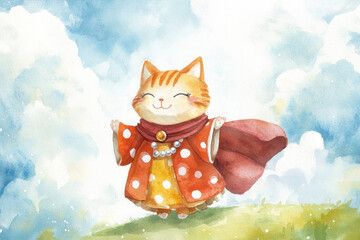 A cute smiling red and yellow cat dressed in robes with white dots, wearing an oversized maroon cape that is blowing back from the wind, painted by children using watercolor paint on paper.