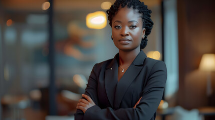 Wall Mural - Beautiful female African American business woman CEO in a suit at the workplace, standing confidently with arms folded