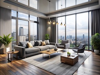 Aufkleber - Modern 3D rendered living room interior design concept featuring sleek gray walls, minimalist furniture, and