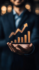 Poster - Businessman proudly holding a rising arrow graph, symbolizing business growth and success