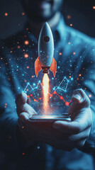Poster - Businessman holding a smartphone with a rocket launching and a growing chart, representing business growth