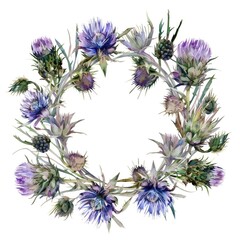 Wall Mural - Watercolor Thistle Wreath Illustration: Vibrant Nature-Themed Circle Ornament