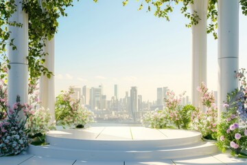 Canvas Print - Product podium with summer city architecture cityscape landscape.