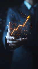 Poster - businessman holding a glowing growth chart hologram with a rising up arrow, indicating success in bu