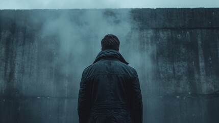 A man in a black coat stands in front of a wall, looking out at the sky