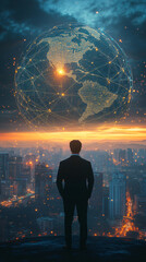 Wall Mural - Businessman observing a connected world above an illuminated cityscape at sunset, symbolizing global business, technology and future concepts