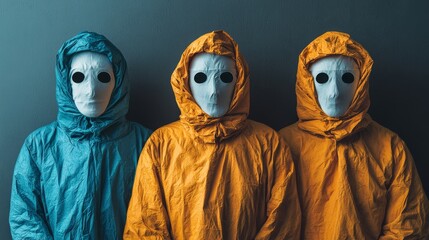 Three people in orange and blue costumes with masks on their faces