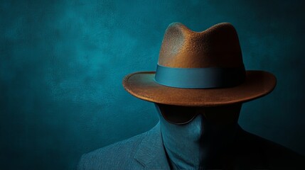 Canvas Print - A man wearing a hat and a mask is standing in front of a blue wall