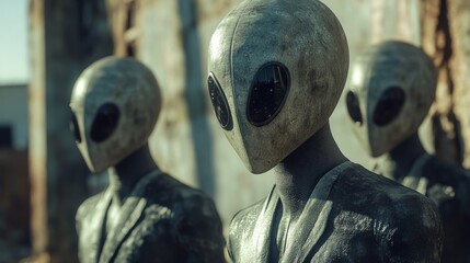 Canvas Print - Three aliens with suits and eyeglasses stand in front of a building