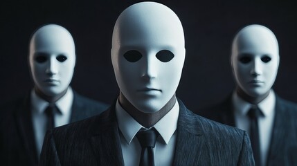 Three men wearing masks and ties stand together in a dark room